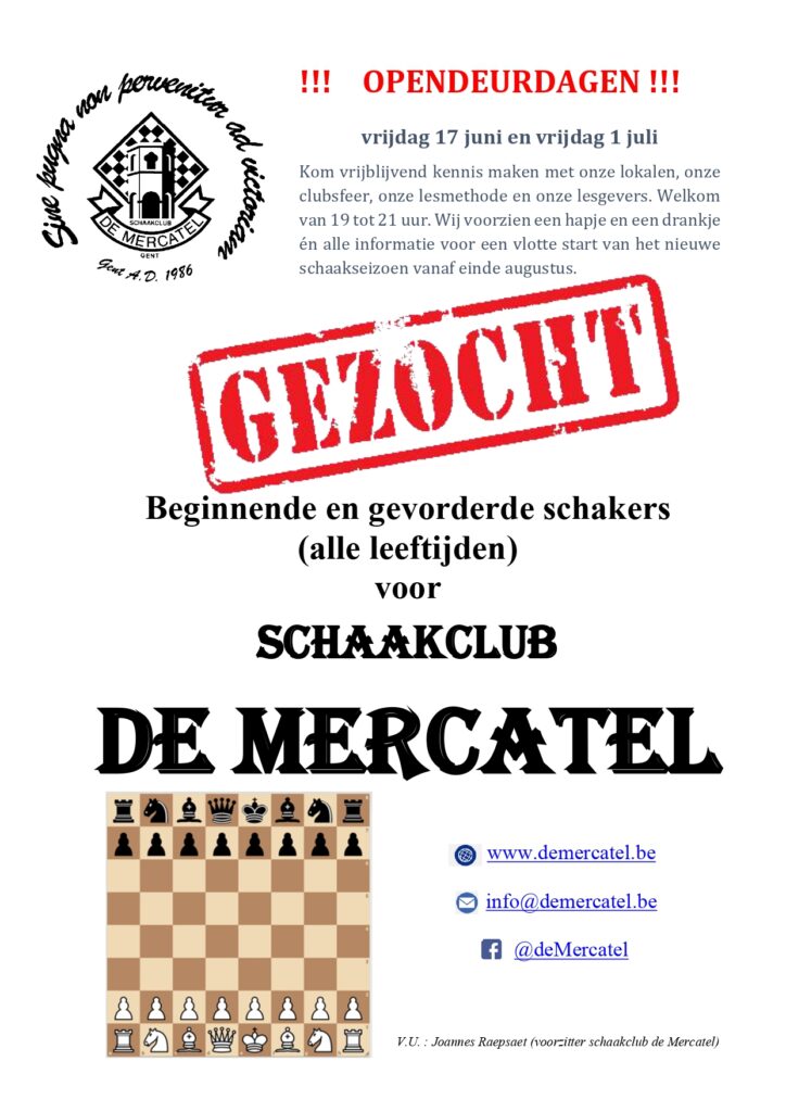 Gezocht: beginnende en gevorderde schakers (alle leeftijden) voor schaakclub De Mercatel in Gent